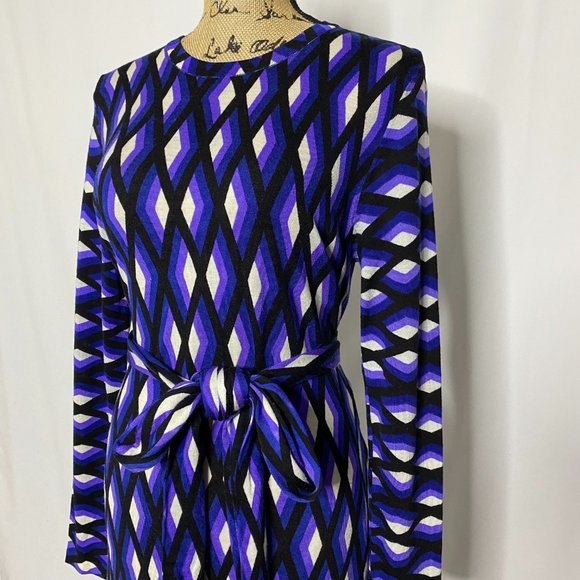 DVF Diane Von Furstenberg Merino Wool Knit Gabel Dress Blue Purple Diamond - Picture 2 of 10